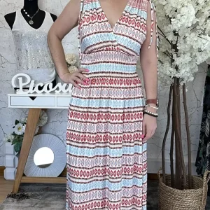 Vestido Comprido Malha Fria Maia Azul/Rosa