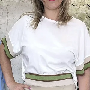 Camisola Branca c/ Detalhe Manga Verde/Bege