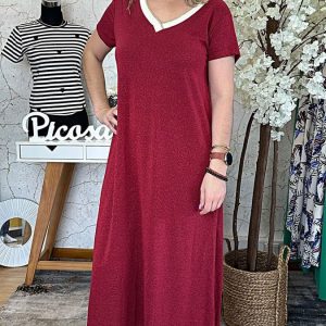 Vestido Comprido Manga Curta Vermelho
