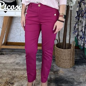 Calças Botões Bolsos Beringela