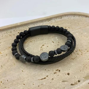 Pulseira Triplo Pulso, Pele com Pedras (Preta)