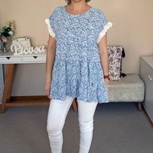 Blusa Azul Manga Bordada