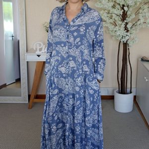 Vestido Azul Comprido c/ Botões