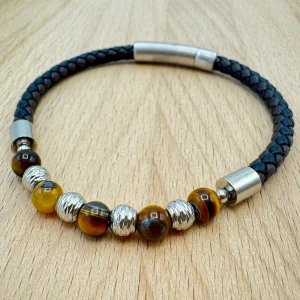 Pulseira Homem 5 Pedras Olho Tigre e Trança