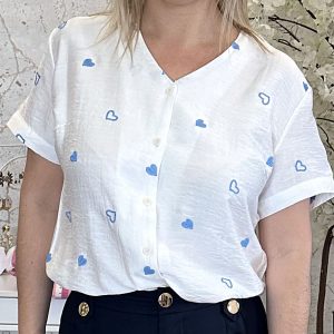Blusa Branca C/Corações Azuis