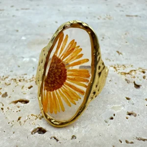Anel Oval Flor Natural Laranja Dourado