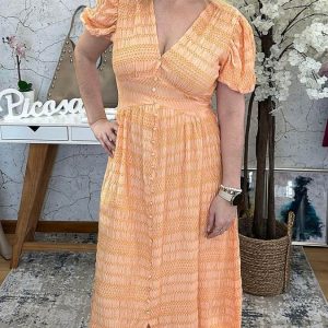 Vestido Laranja com botões Decote V