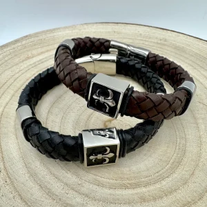 Pulseiras Homem em Couro Trançado - Quadrado Flor de Liz VARIEDADES Castanho