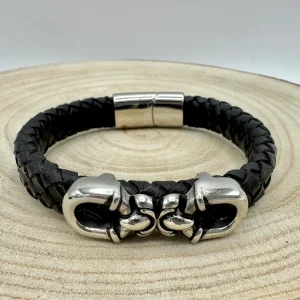 Pulseiras Homem em Couro Trançado - Ovais Unidas Preto