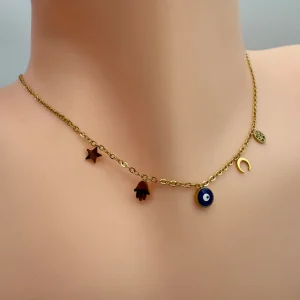 Fio com Simbolos Mini - Estrela, Mão, Olho, Lua e Árvore Dourado
