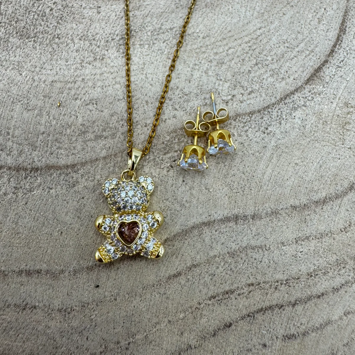 Fio Urso Coração Rosa Brilhantes Dourado (Oferta Brincos) - Image 2