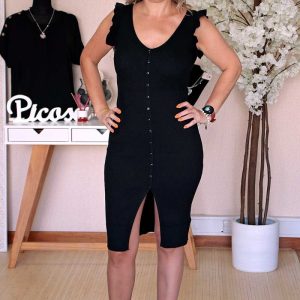 Vestido Abotoado Malha Preto