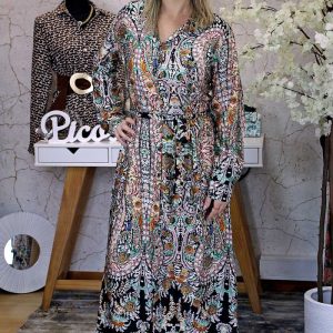 Vestido Comprido Abotoado Preto/Verde
