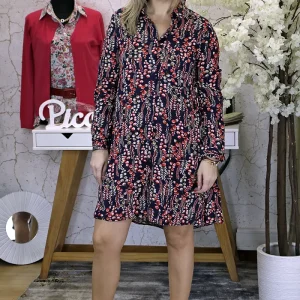 Vestido/Túnica Florido Curto Azul Marinho