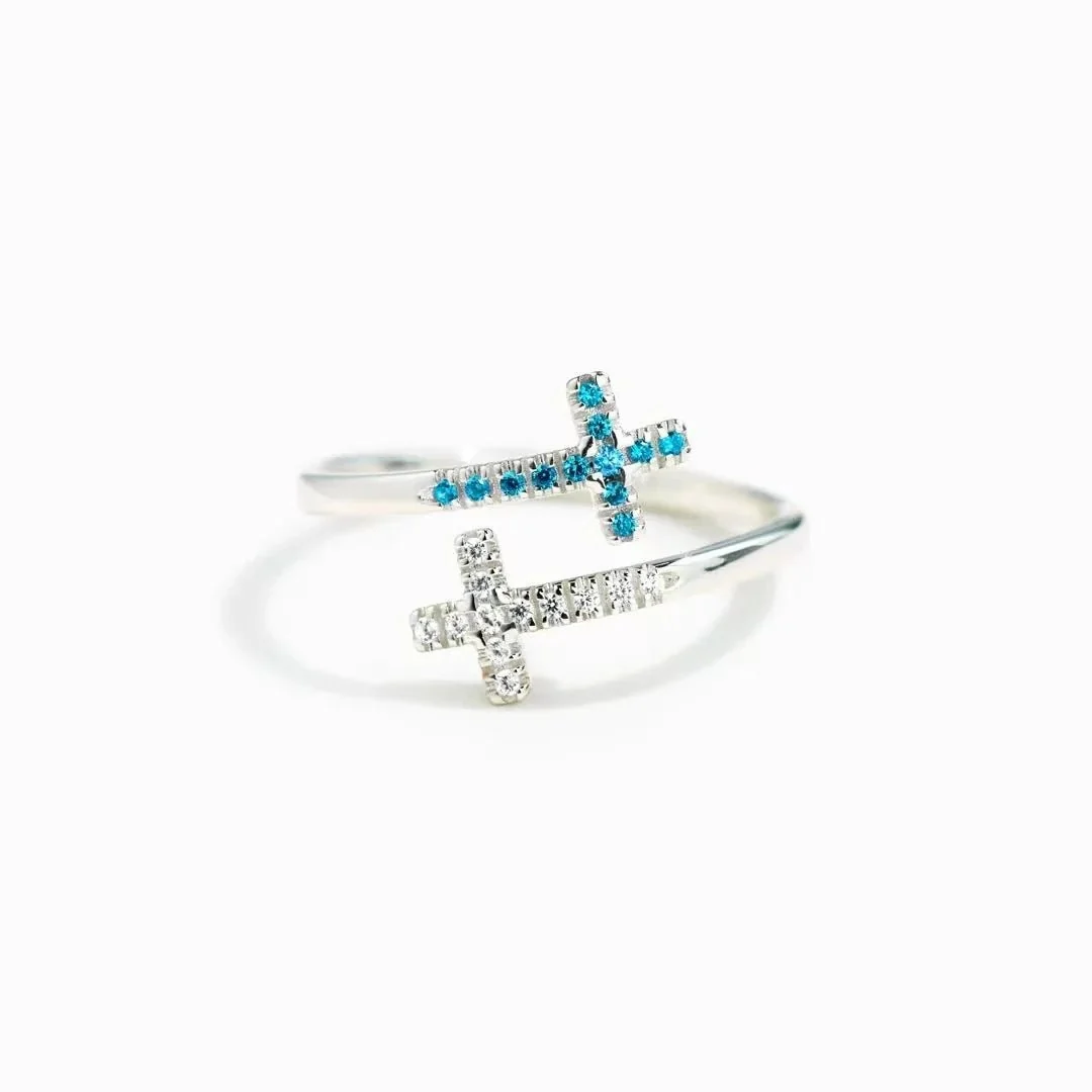 Anel Cristão Ajustável de Prata 925 com Pedras - 2 Cruzes - Image 2