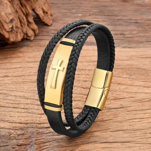 Bracelete Masculino Cristão de Couro com Fecho Magnético