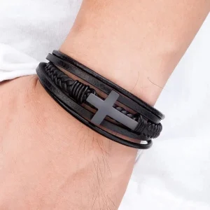 Bracelete Masculino Cristão de Couro Trançado Multi-Camadas com Fecho Magnético
