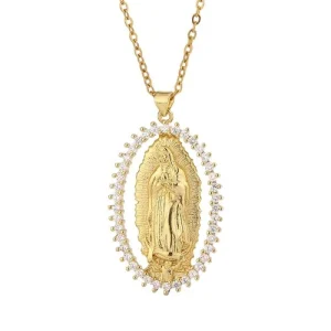 Colar com Pingente Banhado a Ouro com Pedras Brilhantes - Imagem de Nossa Senhora