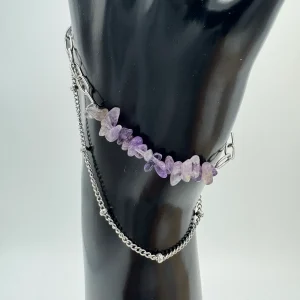 Pulseira Pedras Cascalho Ametista  Inox Prateado
