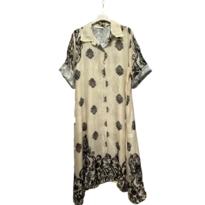 Vestido Camiseiro Longo Estampado com Bolsos 100% Linho