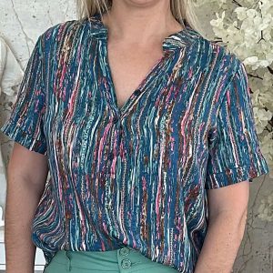 Blusa Azul Petróleo Padrão Rosa/Verde