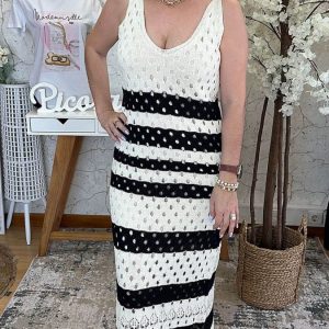 Vestido Crochet Bege c/ Riscas Pretas