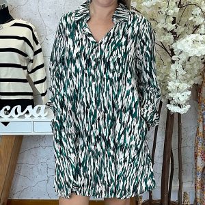 Vestido c/ Bolsos Padrão Verde/Preto/Branco