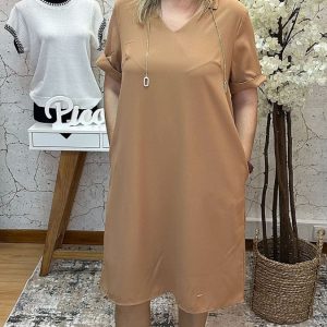 Vestido Manga Curta Camel