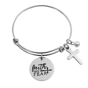 Pulseira Cristã Ajustável em Aço Inoxidável - "Faith Over Fear" (Fé Acima do Medo Em Inglês)