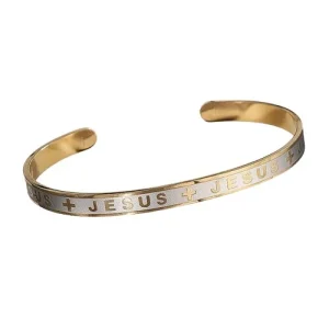 Pulseira Cristã em Aço Inoxidável Dourada e Branca - "Jesus"
