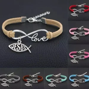 Pulseira de Couro Feminina com Símbolo do Infinito escrito Love e Pingente de Peixe Jesus