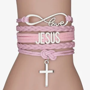 Pulseira de Couro Feminina Cristã - Infinito "Love", "Jesus" e Cruz