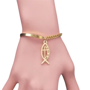 Pulseira Feminina Cristãs em Aço Inoxidável em Formato Peixe e Cruz com Nome Jesus