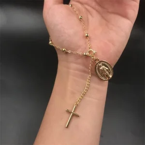 Pulseira Feminina em Aço inoxidável com Pingentes Cruz e São Bento Rosário