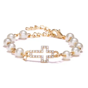 Pulseira Feminina Religiosa de Pérola em Aço inoxidável com Pingentes Formato de Cruz