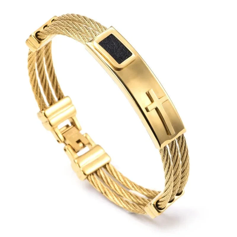 Pulseira Masculina Cristã em Aço Inoxidável com Cruz