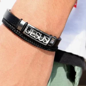 Pulseira Masculina em Couro e Aço inoxidável com Nome Jesus