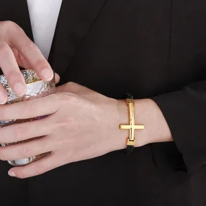 Pulseira Masculina em Couro em aço inoxidável com Cruz